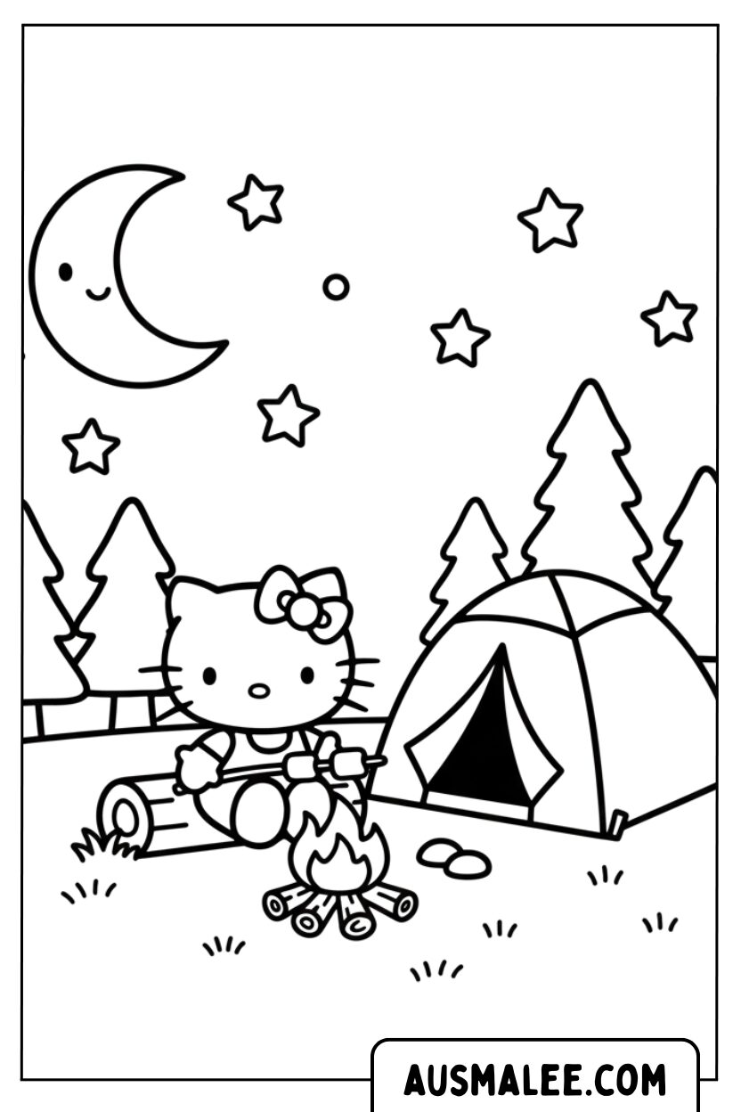 Hello Kitty grilt marshmallows tijdens het kamperen.
