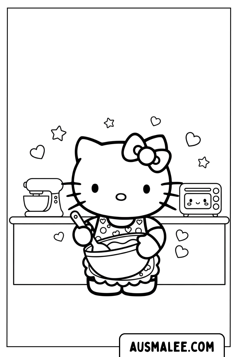 Hello Kitty kookt in de keuken.