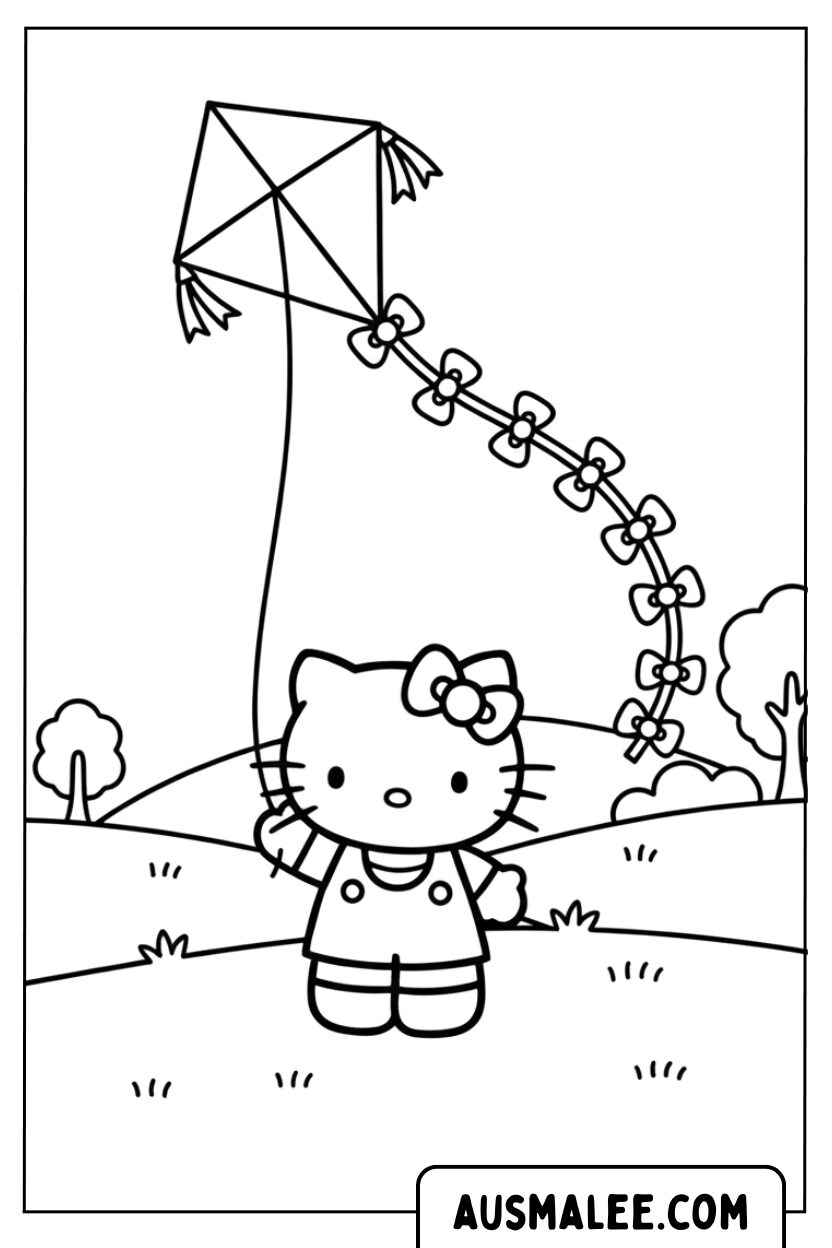 Hello Kitty is aan het vliegeren.