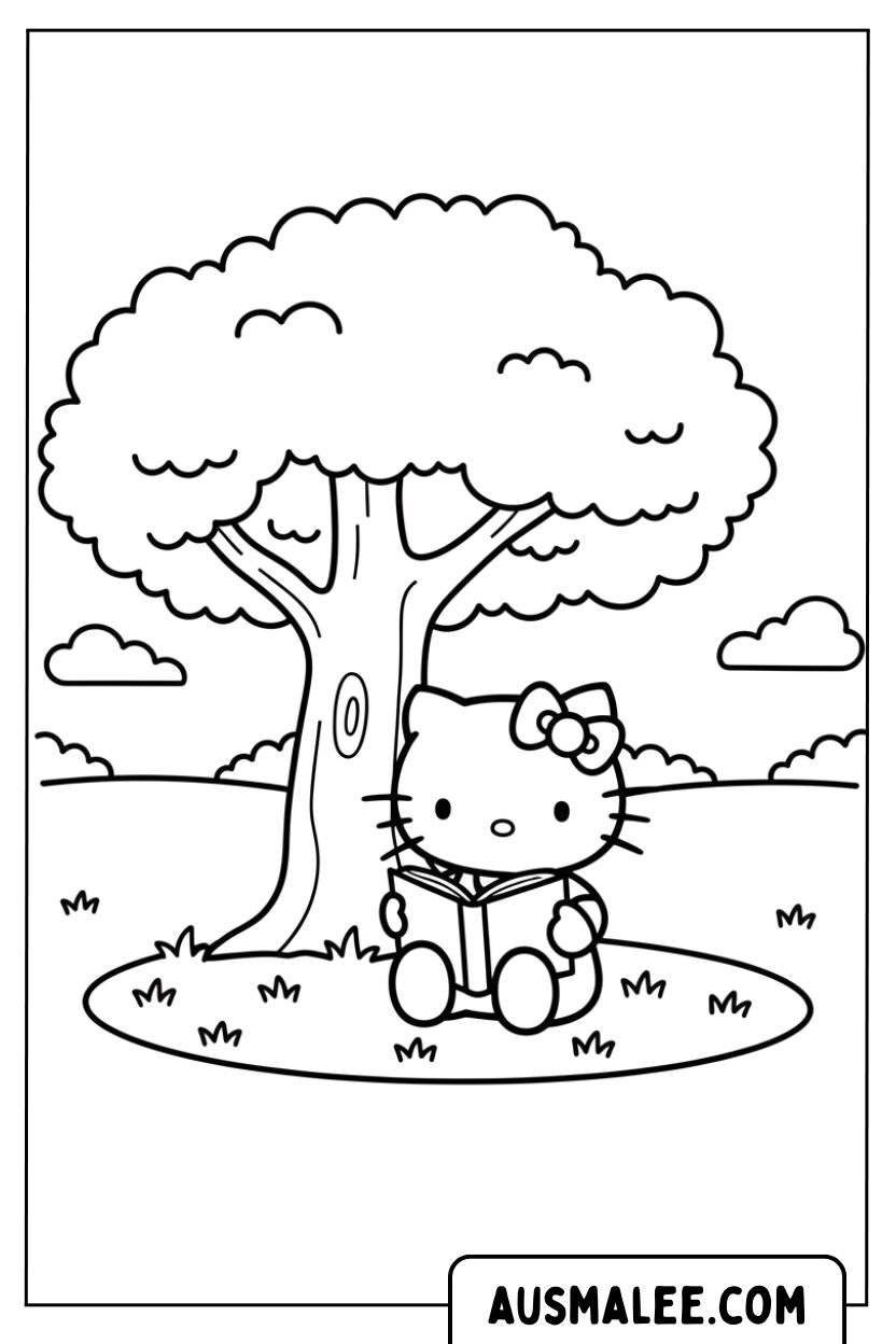 Hello Kitty leest onder een boom.
