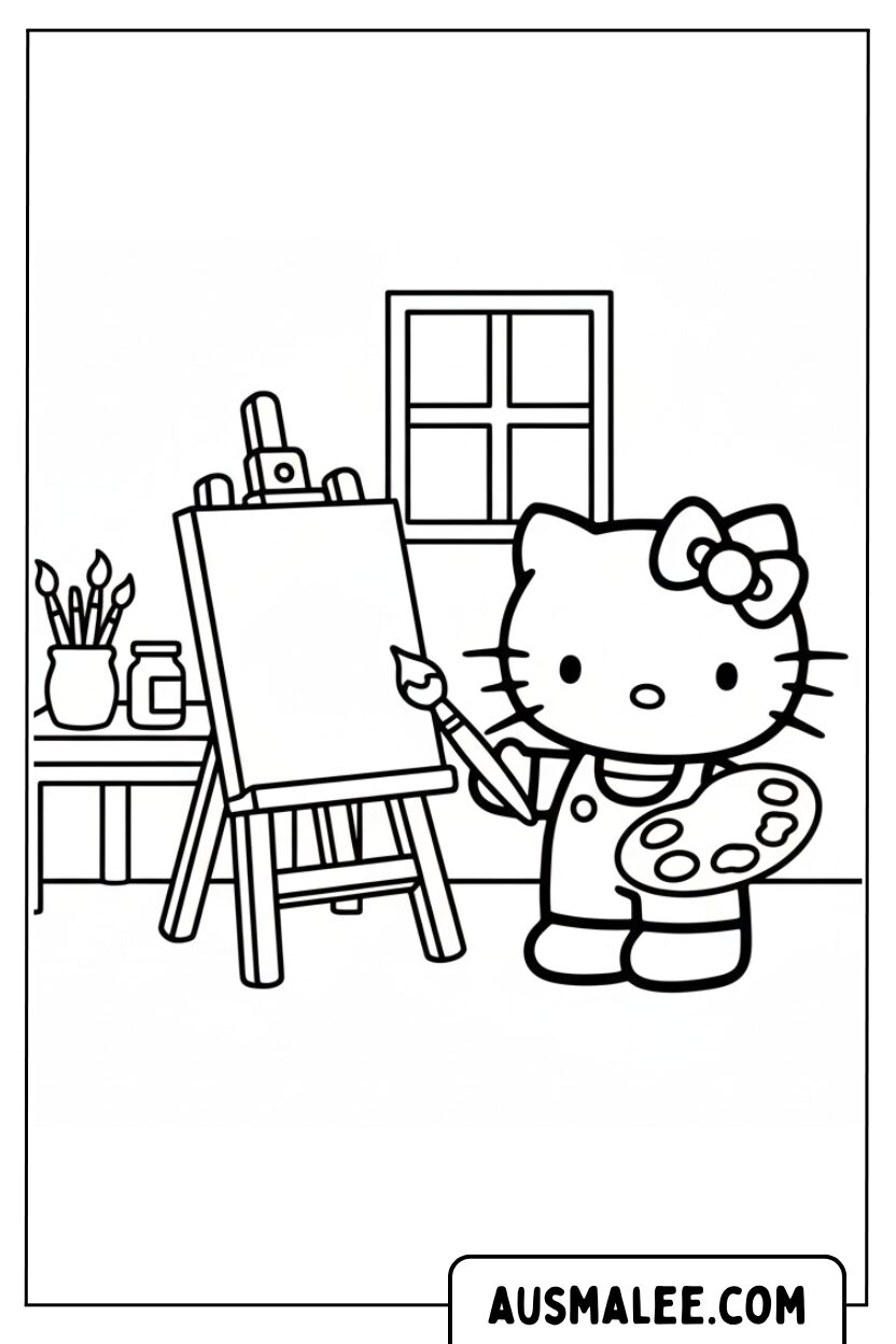 Hello Kitty schildert aan de ezel.