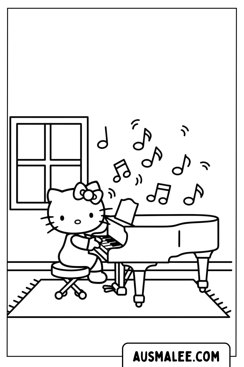Hello Kitty speelt piano.