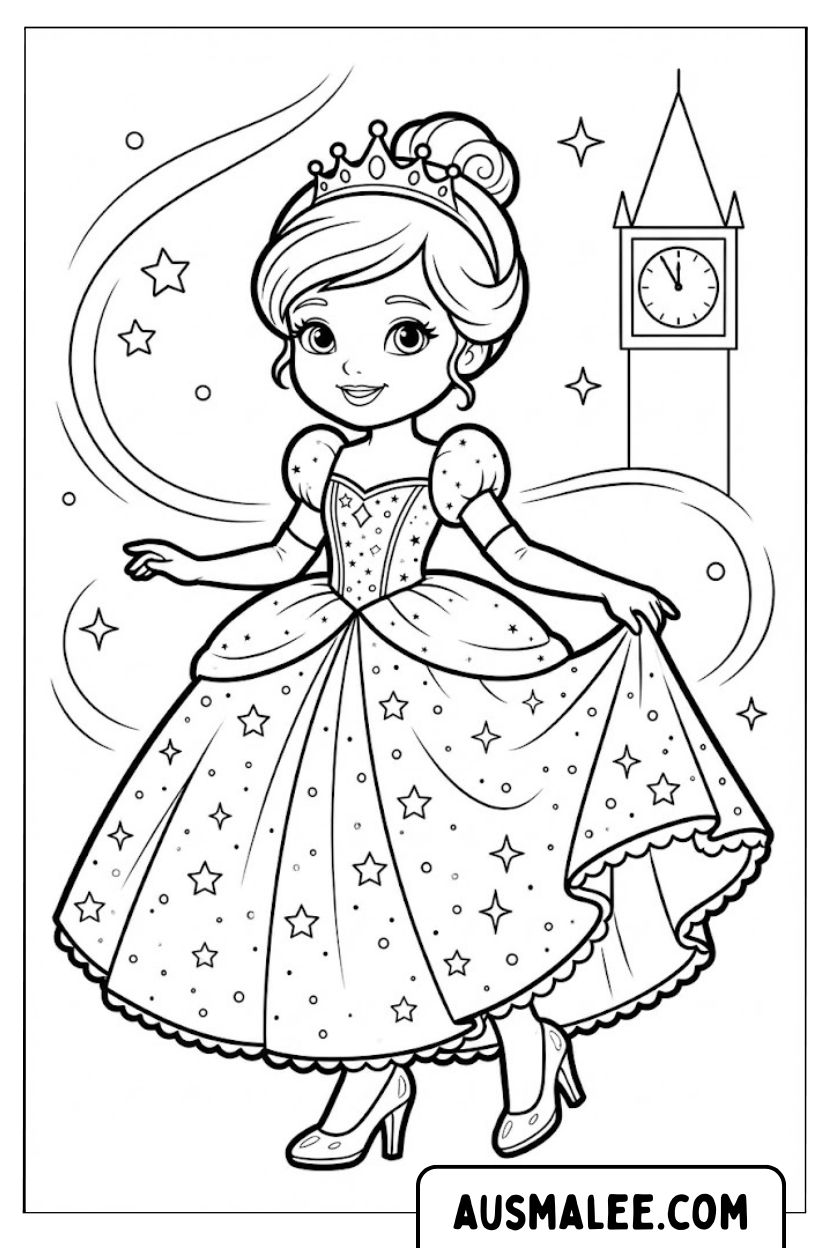 Aschenputtel Prinzessin vor der Uhr Ausmalbild.jpg