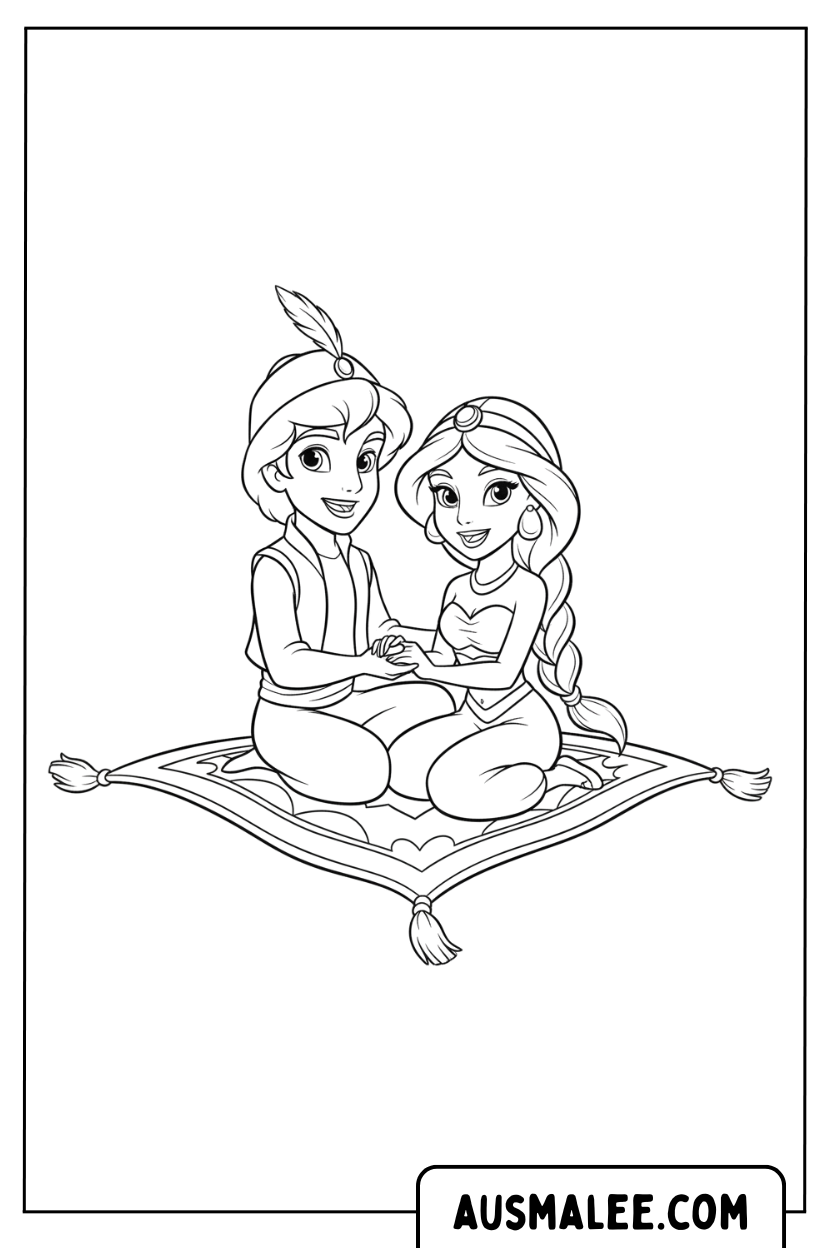 Kleurplaat Aladdin Jasmine vliegend tapijt