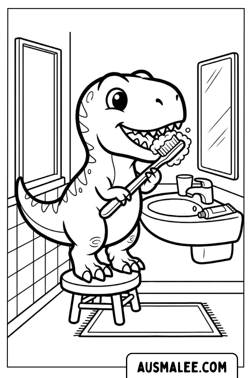 Coloriage Dino se brossant les dents