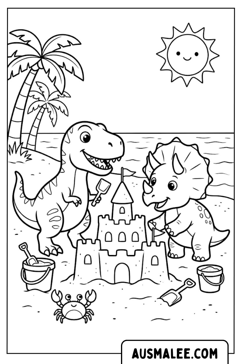 Coloriage dinosaures château de sable plage