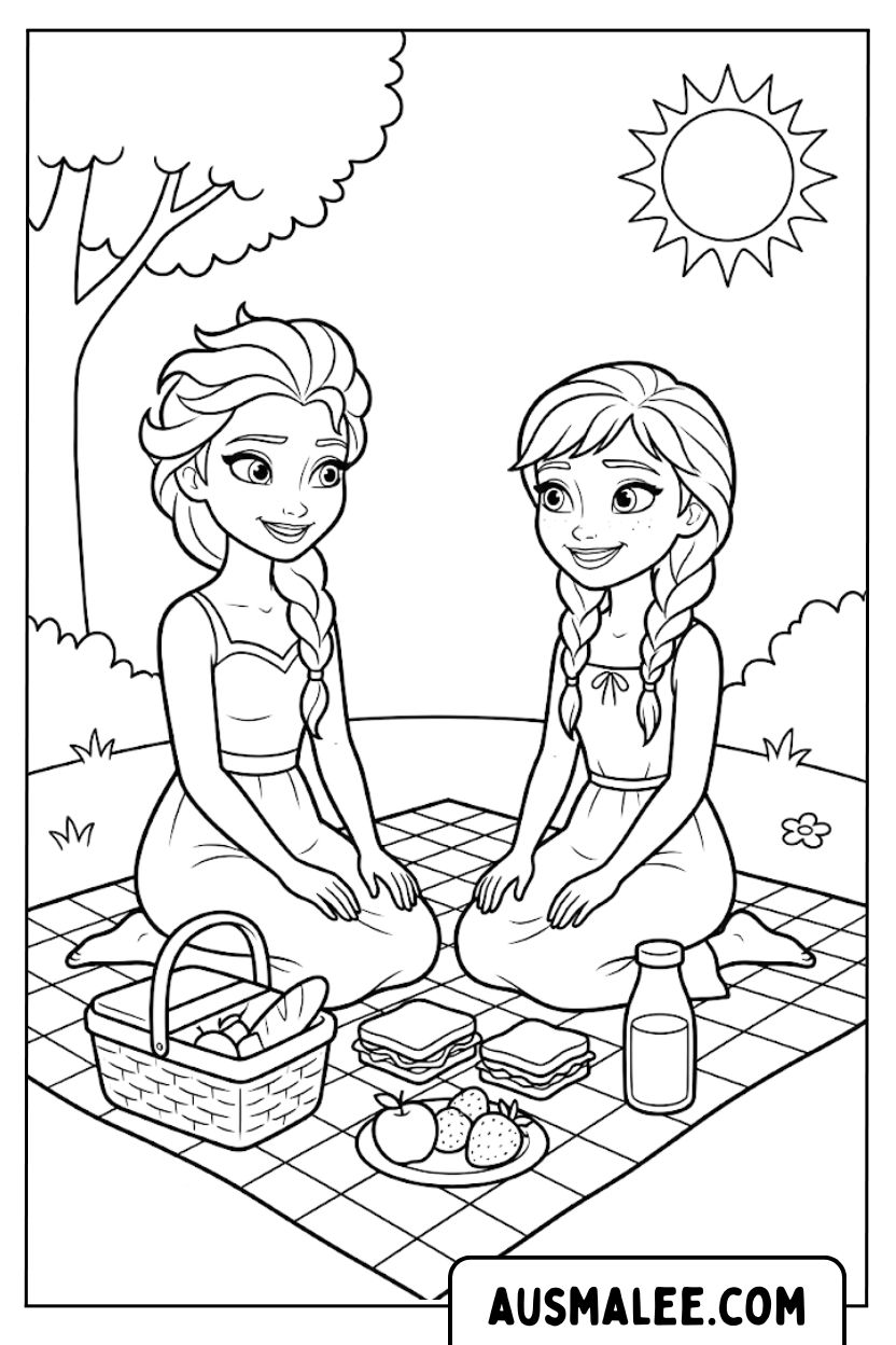 Elsa Anna picknick kleurplaat