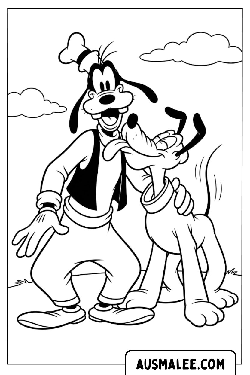 Kleurplaat Goofy Pluto knuffel