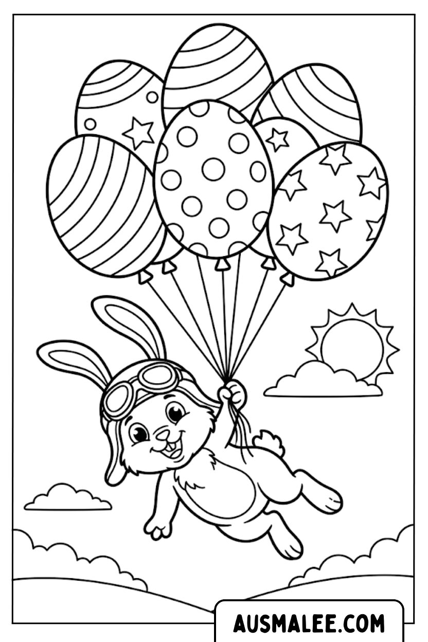 Coloriage lapin vole des ballons