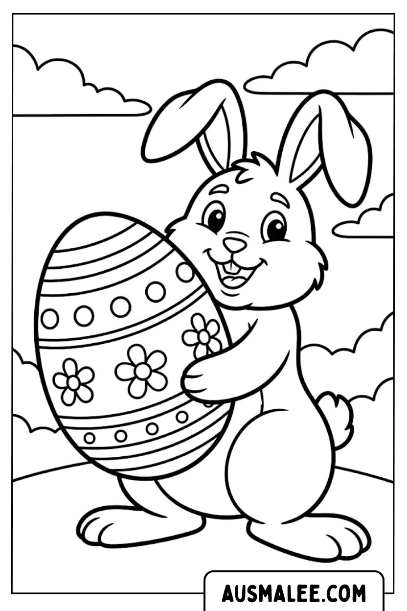 Coloriage lapin tenant un œuf géant