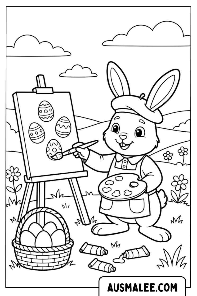 Coloriage lapin peint des œufs de Pâques