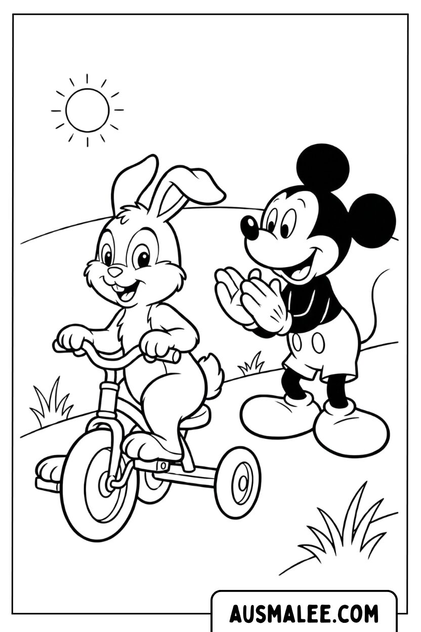 Kleurplaat konijntje Mickey driewieler