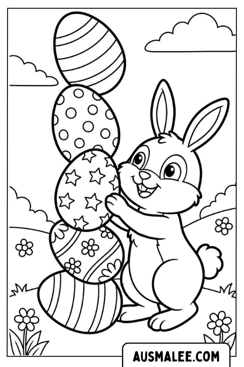 Coloriage lapin empile des œufs