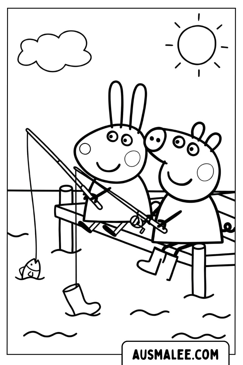 Kleurplaat Konijn Peppa vissen