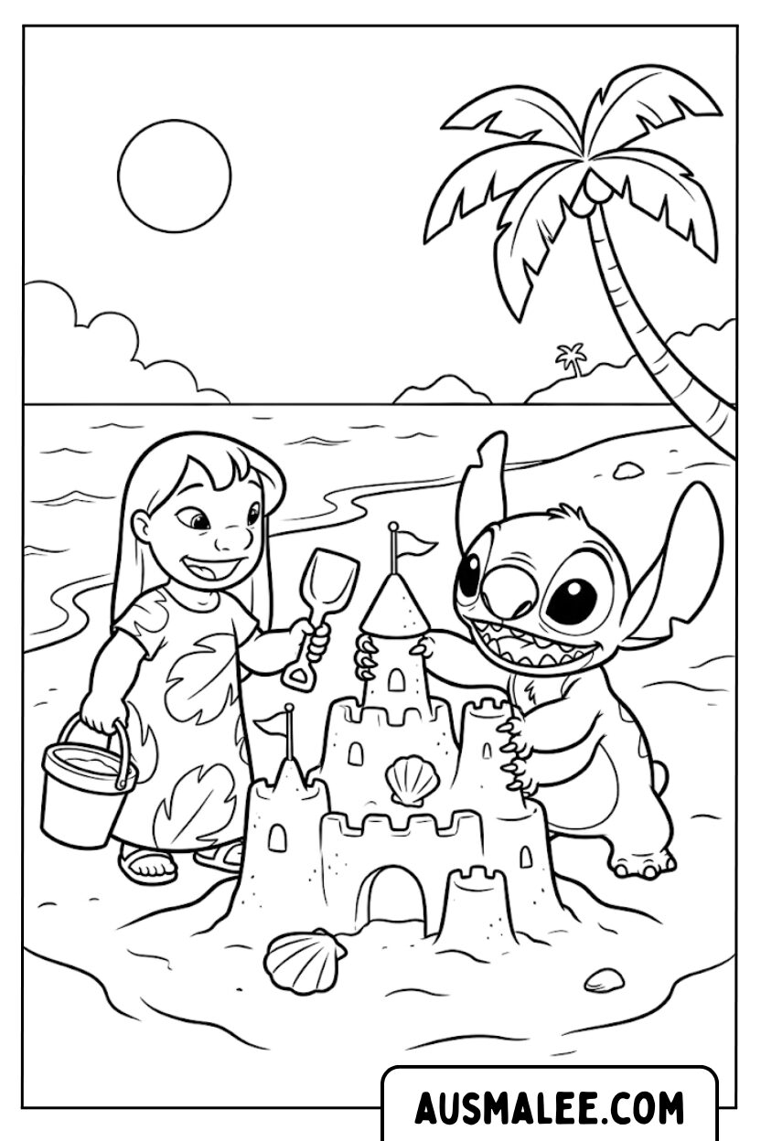 Kleurplaat Lilo Stitch zandkasteel