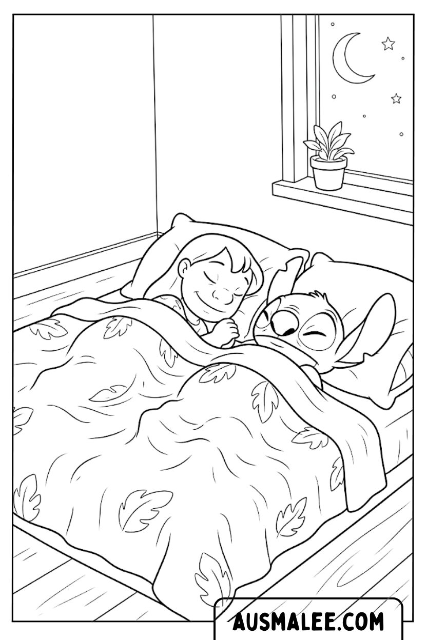 Lilo Stitch slaapt kleurplaat