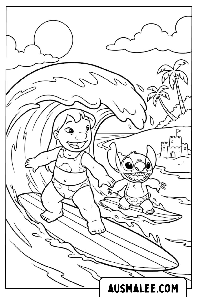 Lilo Stitch surfen kleurplaat