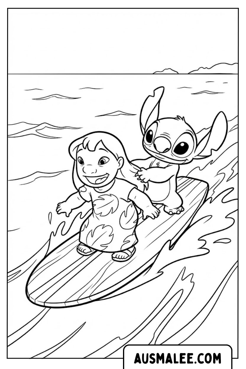 Lilo Stitch surfen kleurplaat