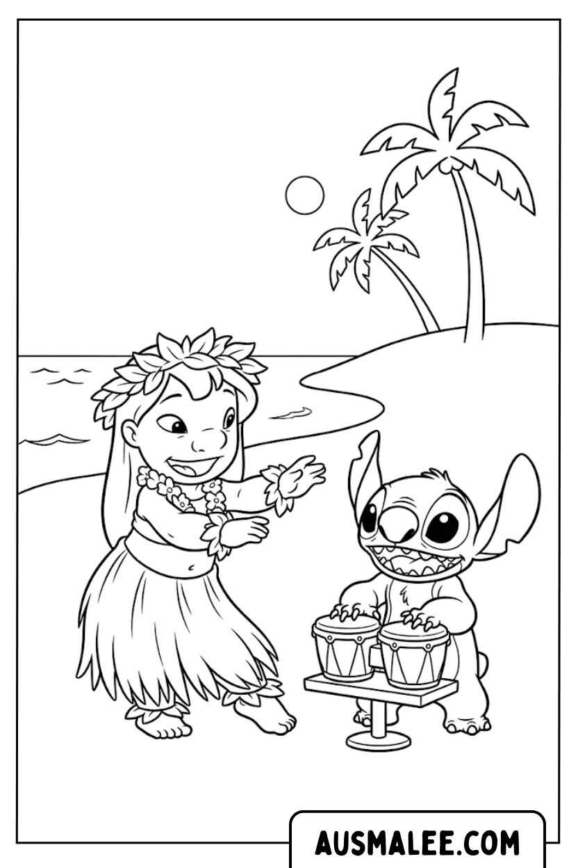 Kleurplaat Lilo Stitch drums