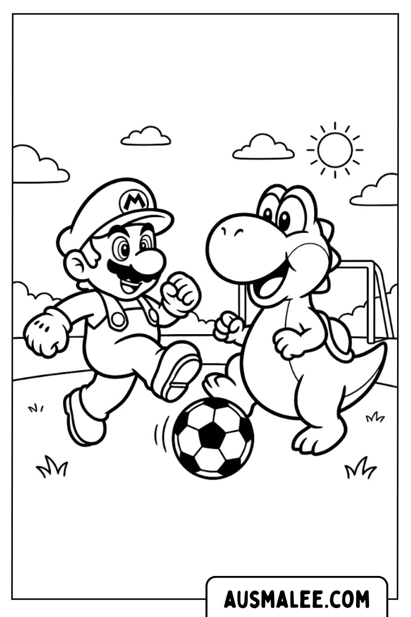 Coloriage Mario Yoshi jouant au football
