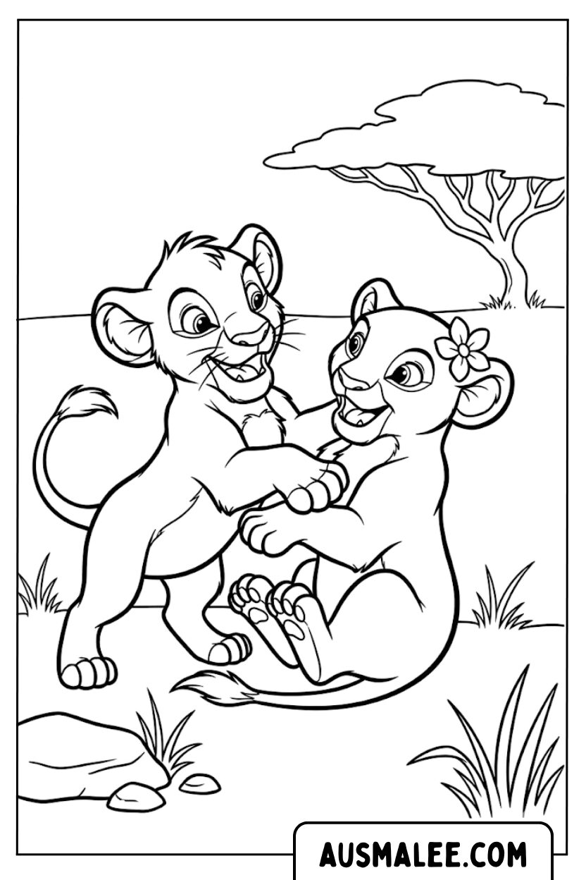 Kleurplaat Simba Nala leeuwenwelpjes spel