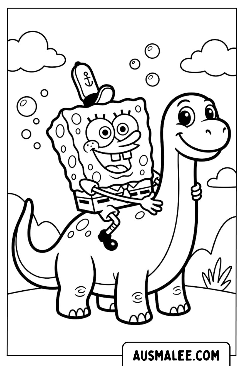 Coloriage - Bob l'éponge et les balades en dinosaure