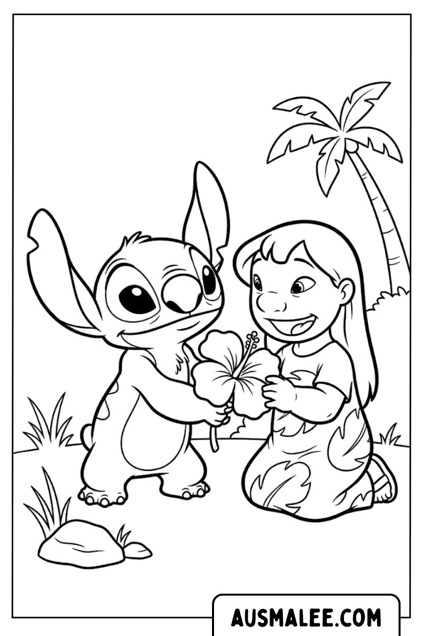 Stitch geeft bloemkleurplaat