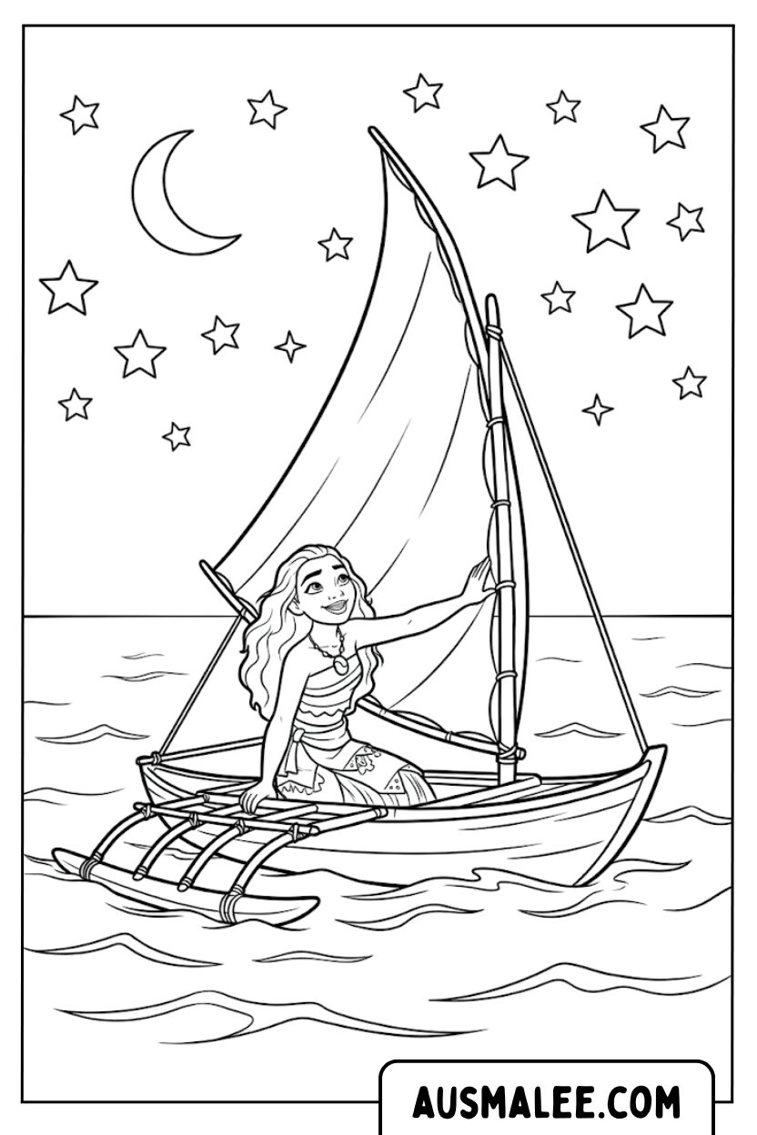 Coloriage Moana naviguant la nuit