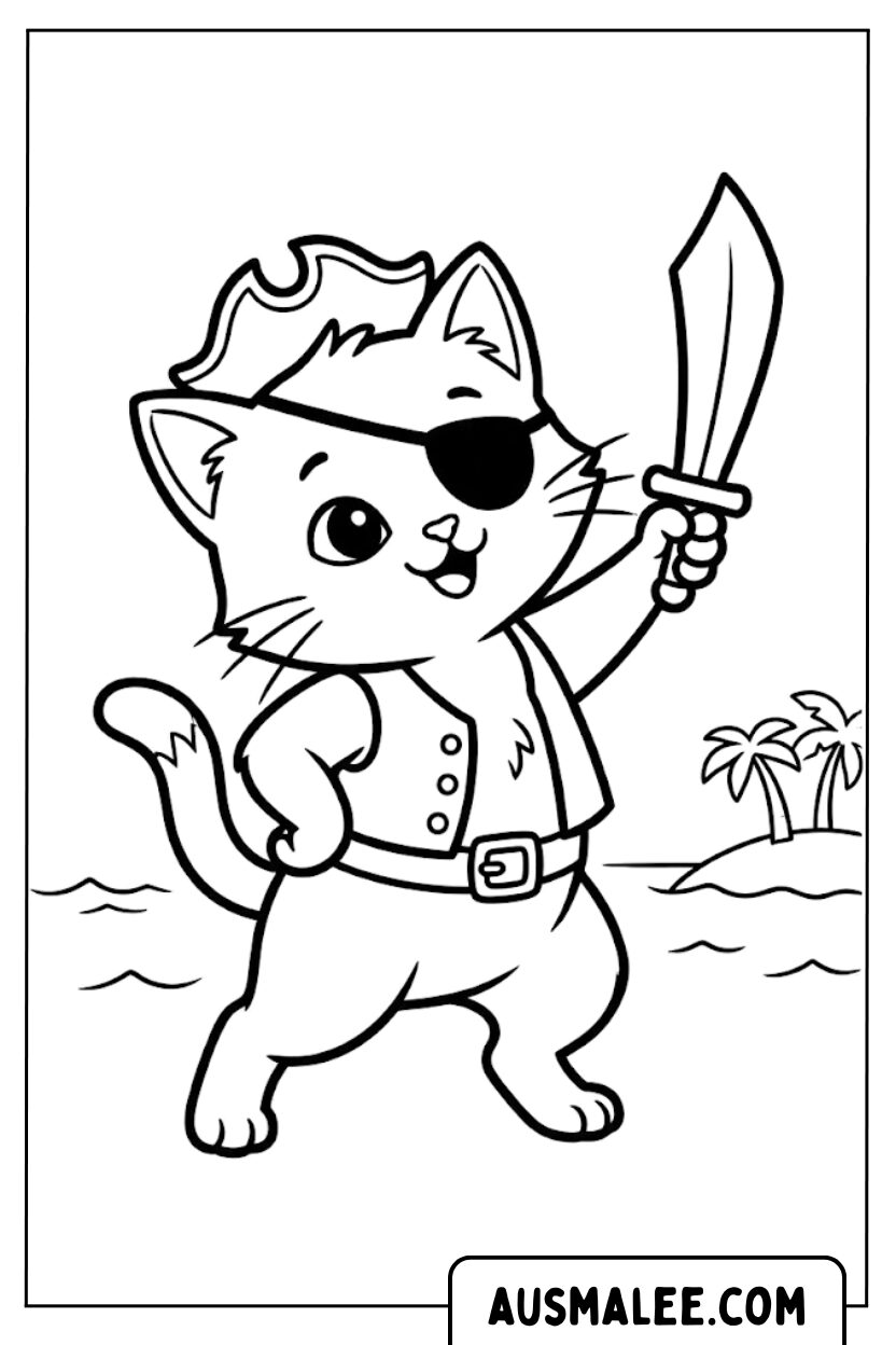 Coloriages Chat Pirate Plage
