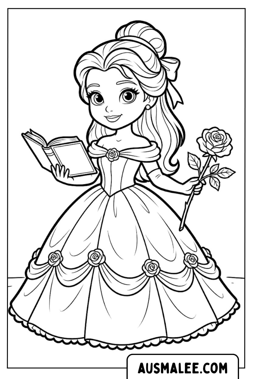 Belle mit Buch und Rose Ausmalbild.jpg
