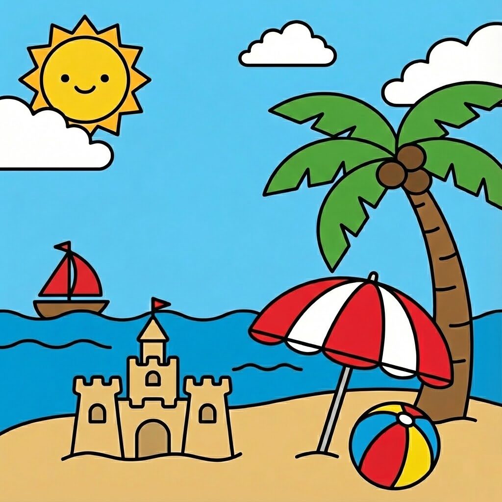 Digitale zomerstrand kleurplaten