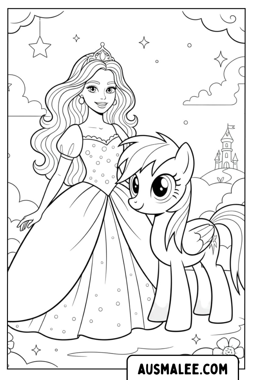 Kleurplaten Barbie Prinses Pony
