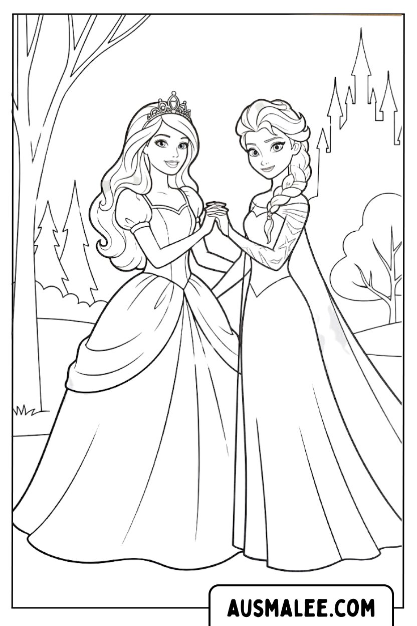 Barbie en Elsa kleurplaten