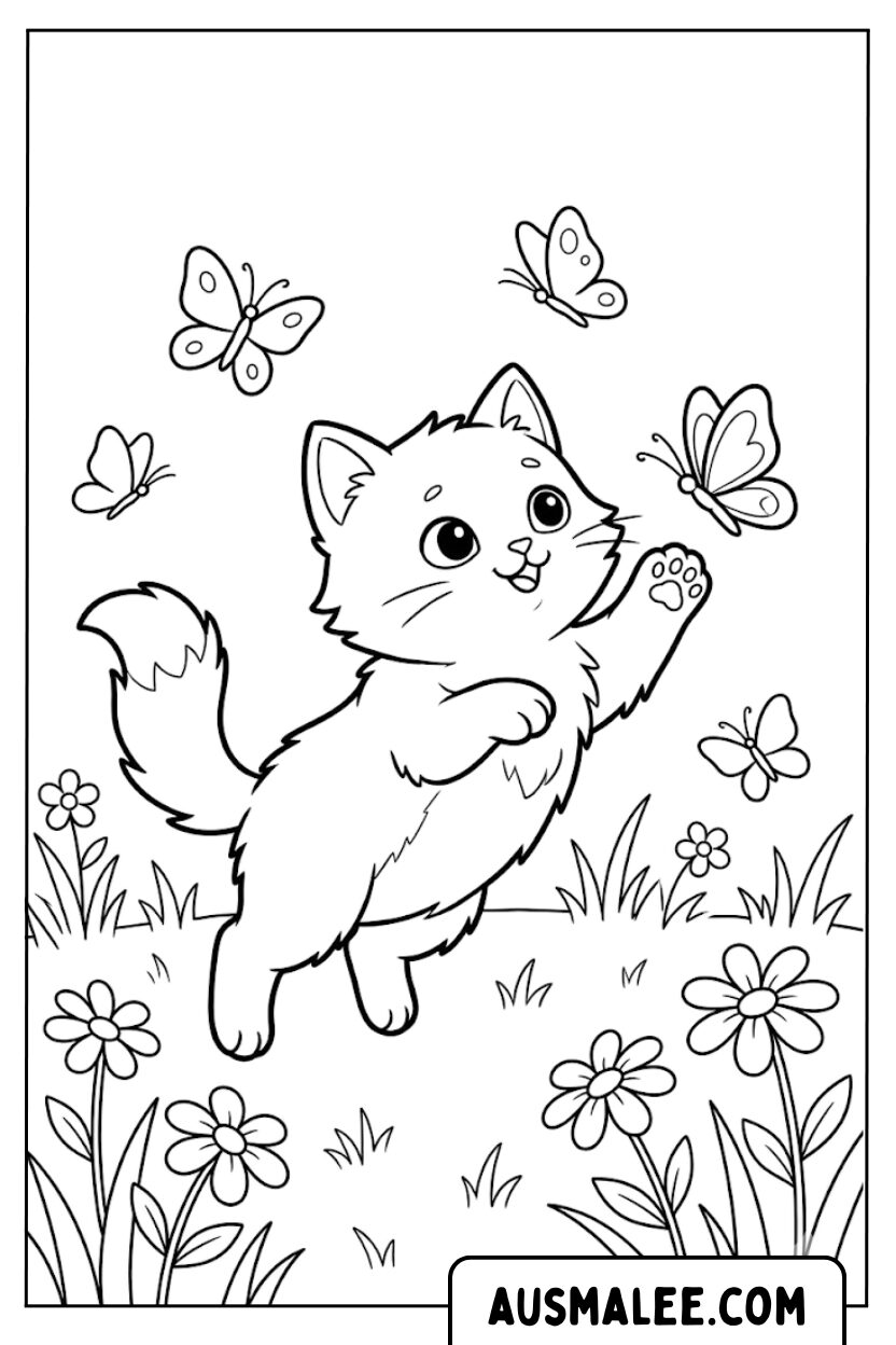Coloriages chat papillon fleurs