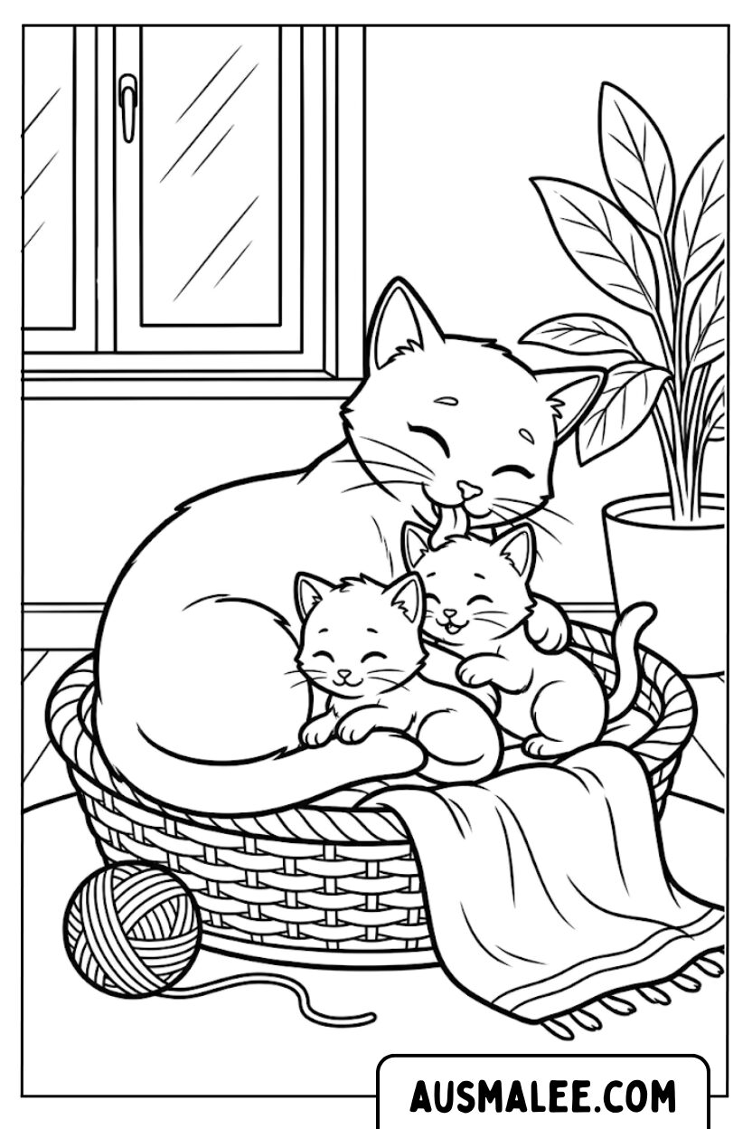 Coloriage mère chat avec des chatons