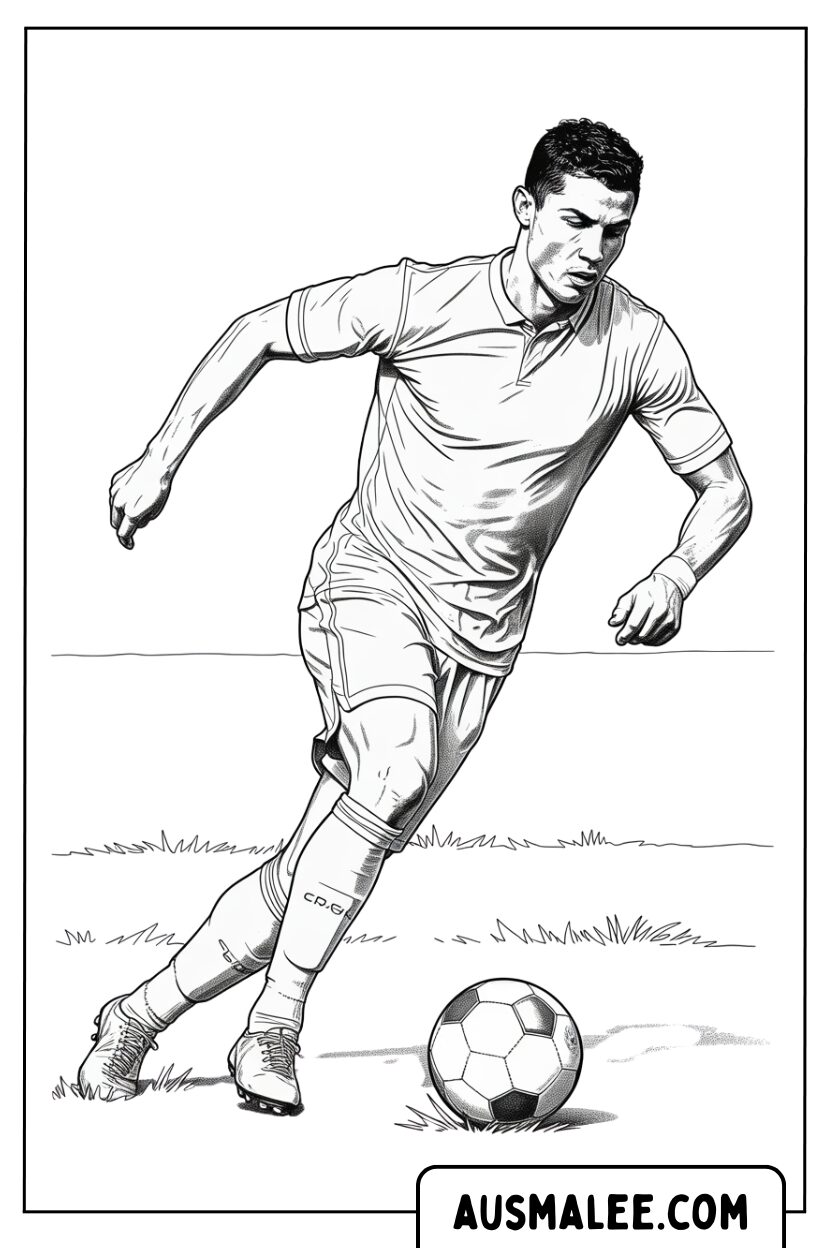 Kleurplaat Dribbelende bal Ronaldo