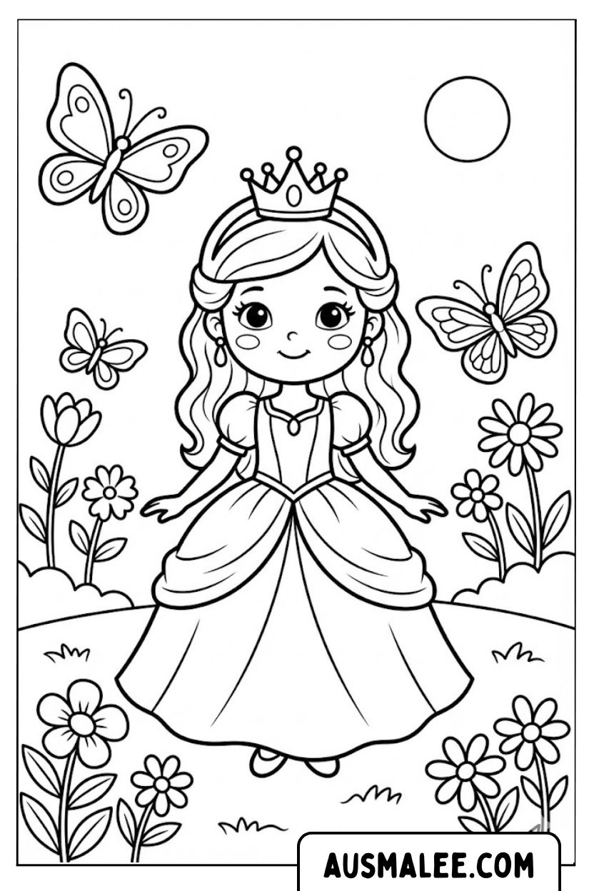 Prinzessin im Garten mit Schmetterlingen Ausmalbild.jpg