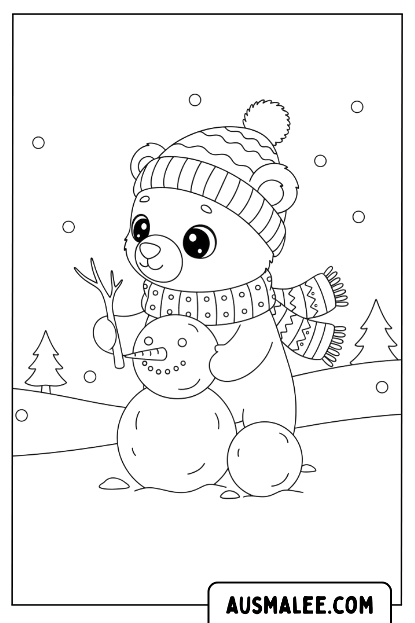 Coloriage bonhomme de neige bâtiment ours