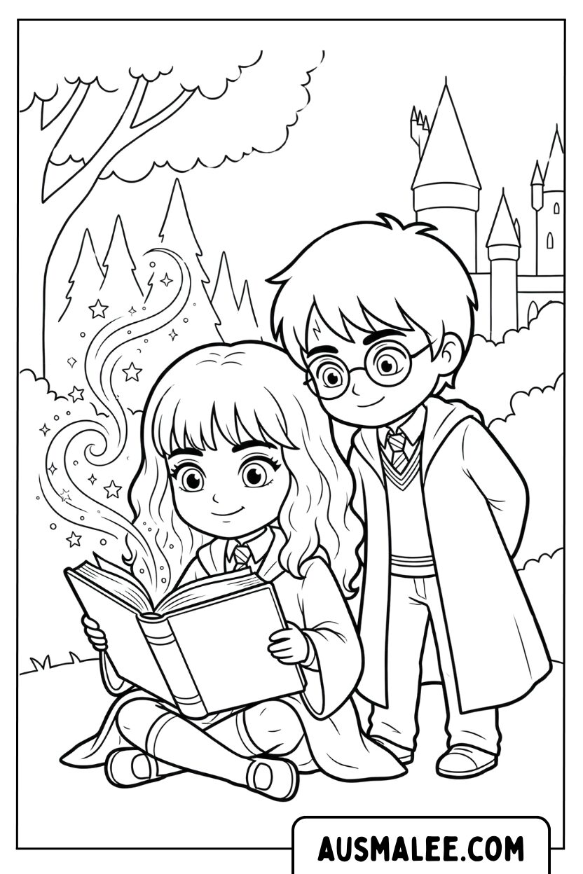 Ausmalbild Chibi Harry Hermine Lesen