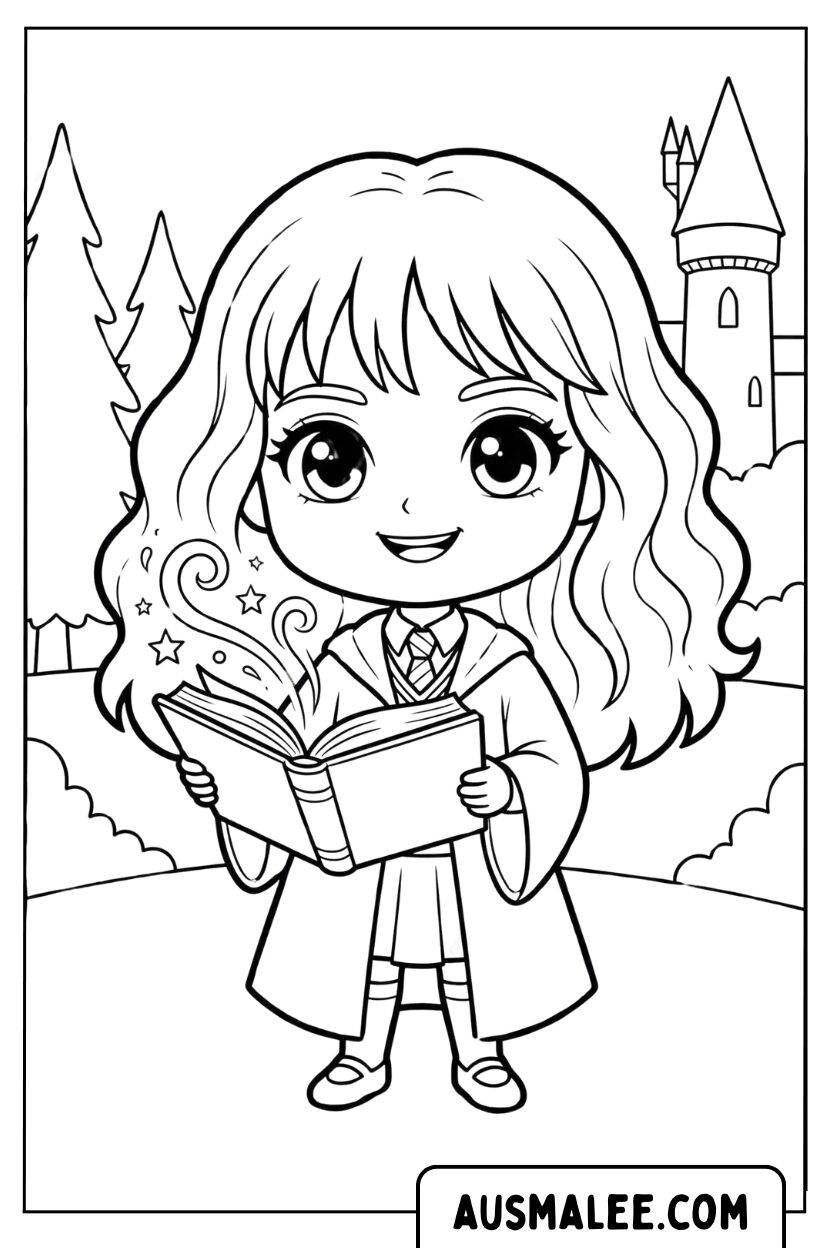 Ausmalbild Chibi Hermine Liest Zauberbuch
