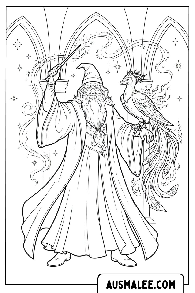 Ausmalbild Dumbledore Mit Phönix Fawkes