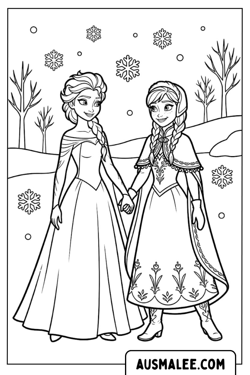 Kleurplaat Elsa Anna, hand in hand