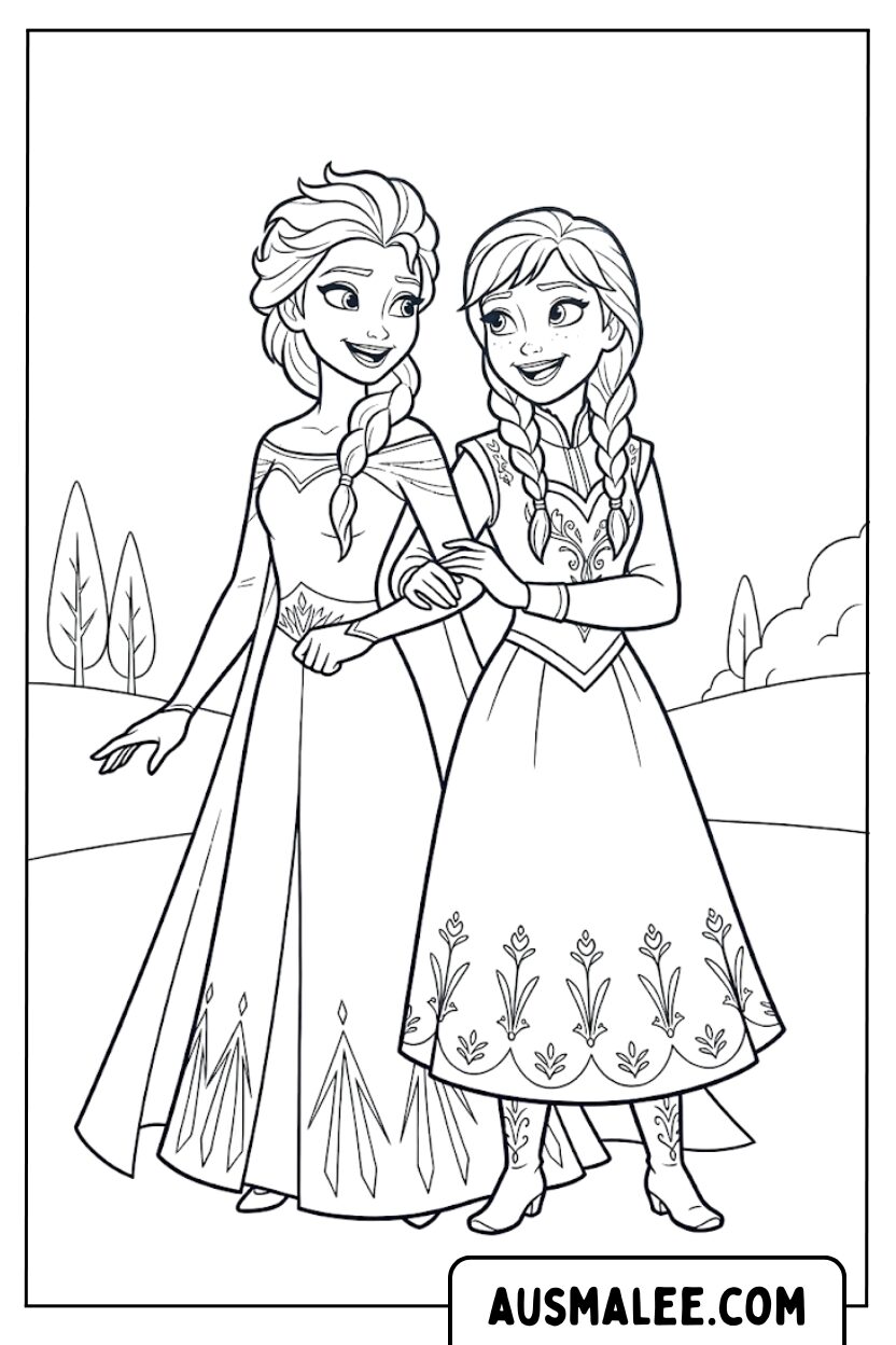 Elsa Anna hand in hand kleurplaat