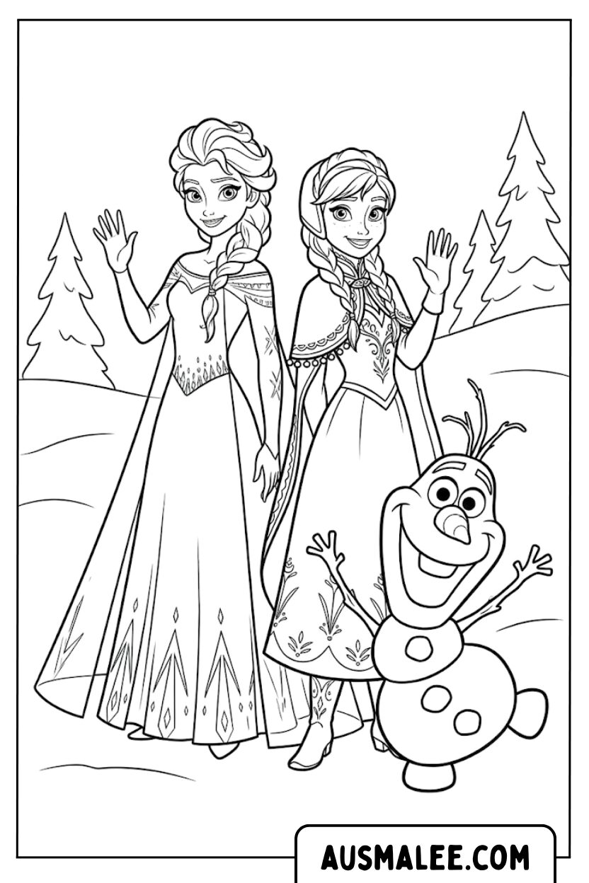 Kleurplaat Elsa Anna Olaf zwaaiend