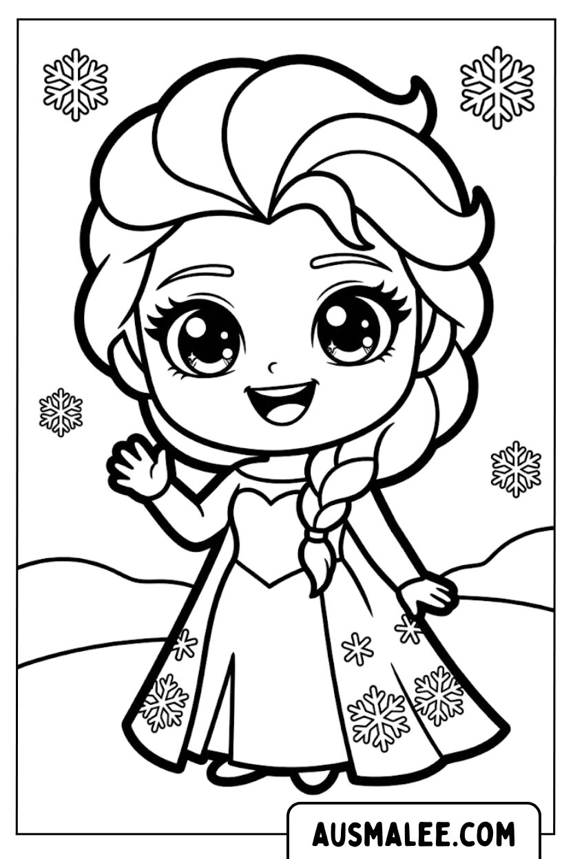 Kleurplaat Elsa Chibi zwaaiende sneeuwvlokken