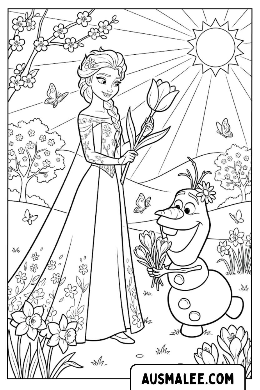 Kleurplaat Elsa Olaf Lente