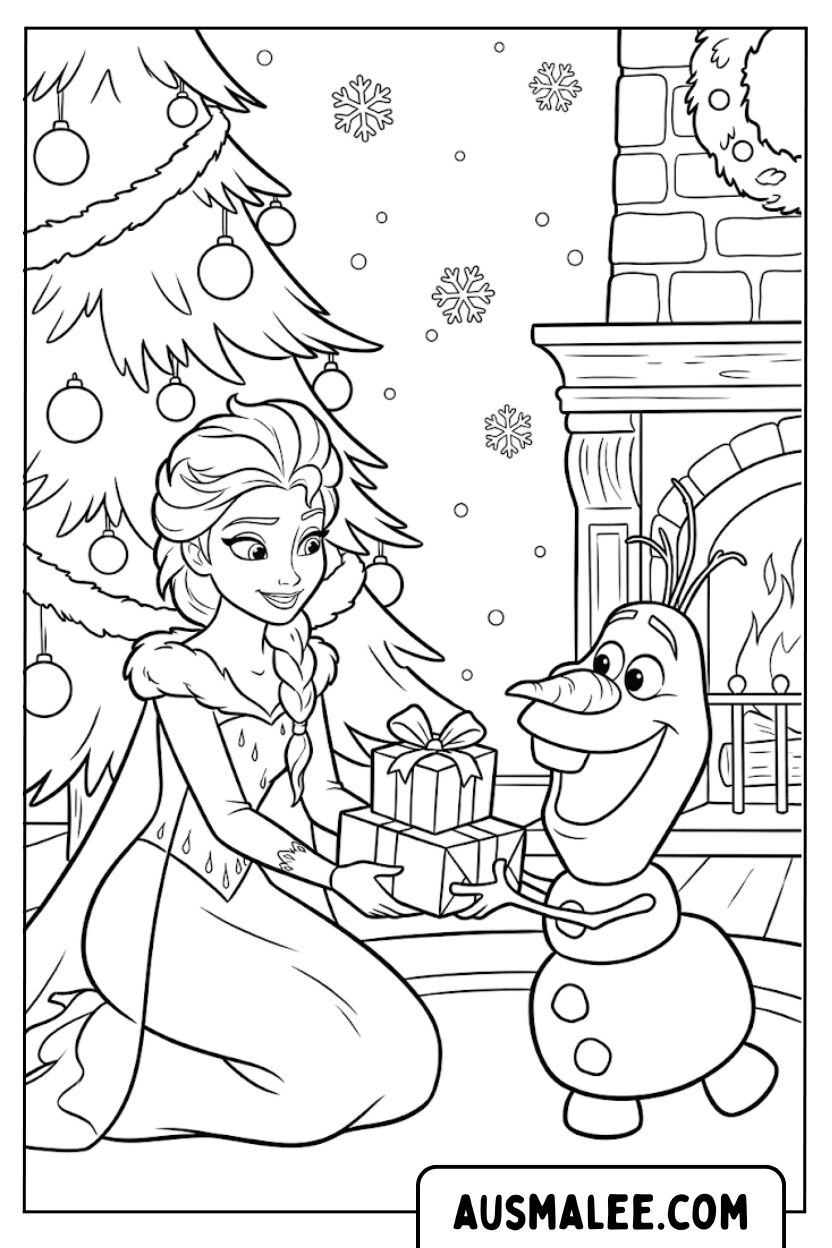 Kleurplaat Elsa geeft Olaf een kerstcadeau