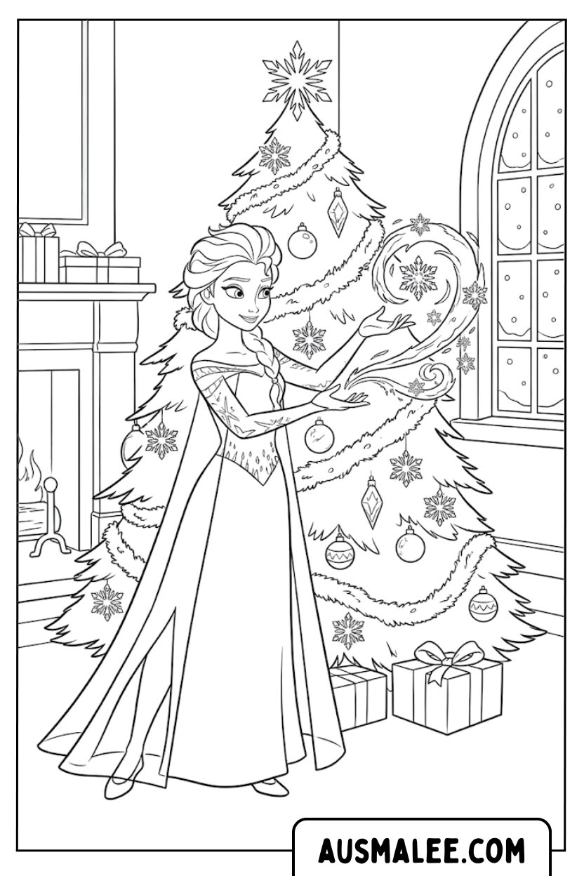 Kleurplaat Elsa versiert kerstboom