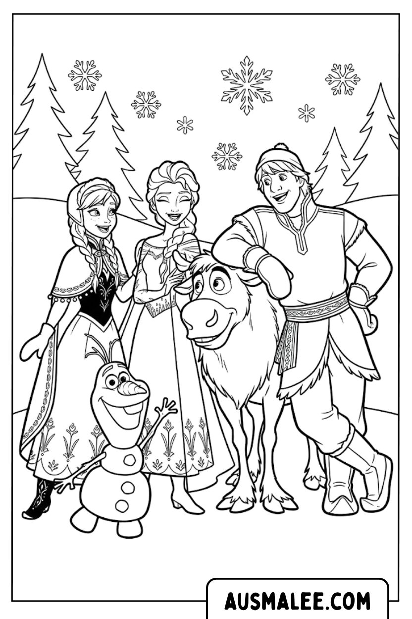 Frozen Kleurplaat Alle personages Groep Winter