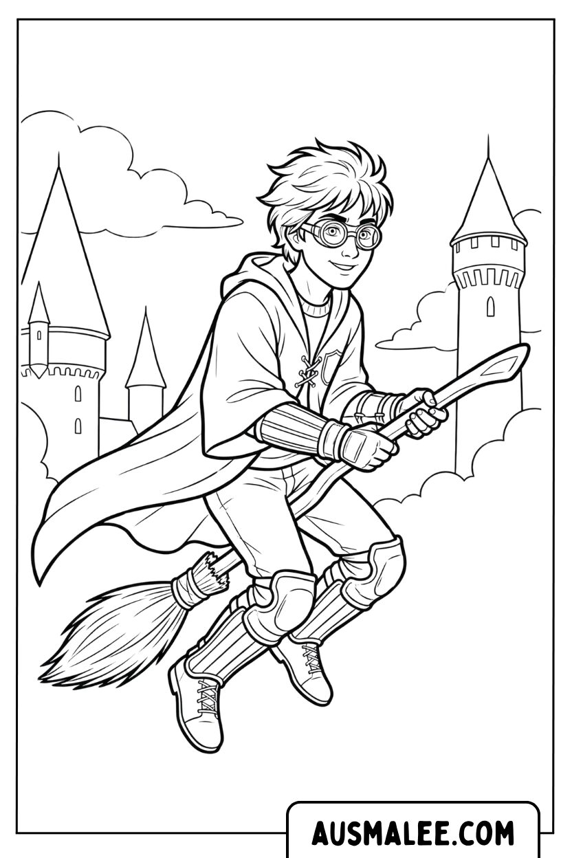 Ausmalbild Harry Potter Auf Besen Quidditch
